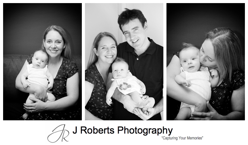 B&W portraits of a baby girl with her parents - sydney baby photography